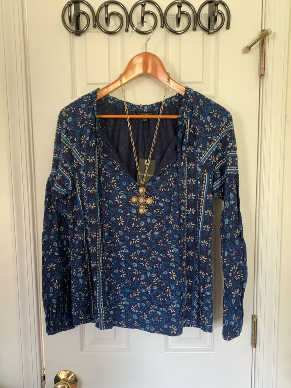 Lucky Brand Egyptian Azure Mixed Media Floral Tunic